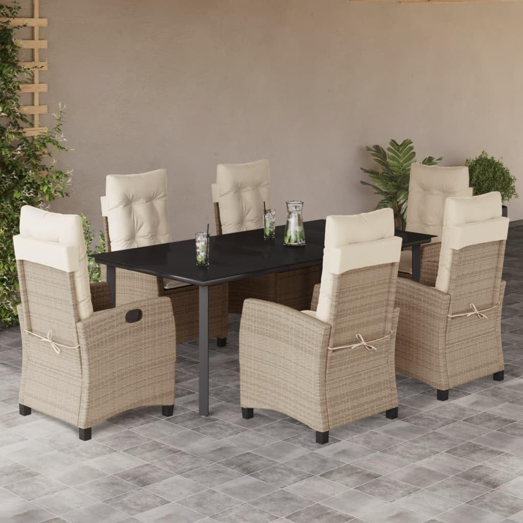 7 Piece Patio Dining Set with Cushions Beige Poly Rattan,Versatile Outdoor Dining Set with Adjustable Backrest, Durable Rattan and Glass Tabletop Patio Furniture Sets, Outdoor Furniture Sets