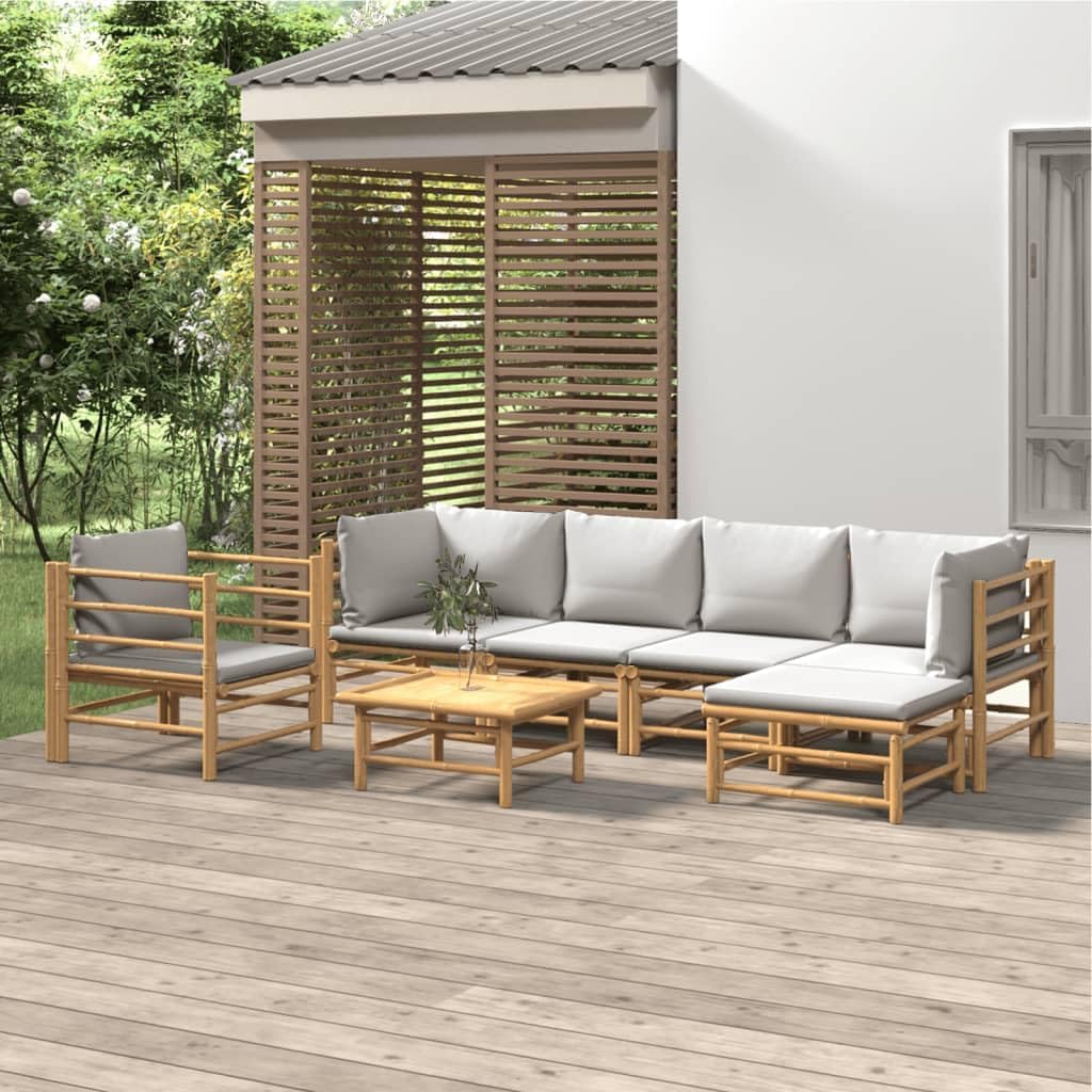 7 Piece Patio Lounge Set with Light Gray Cushions Bamboo,Elegant Bamboo Patio Lounge Set: Weatherproof Comfort for Outdoor Relaxation Patio Furniture, Outdoor Furniture Sets