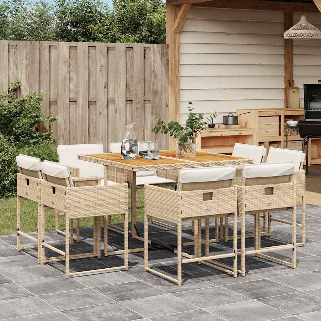 8-Person Patio Dining Set, Beige Synthetic Poly Rattan Outdoor Table and Chairs, Garden Furniture with Cushions, Rectangular