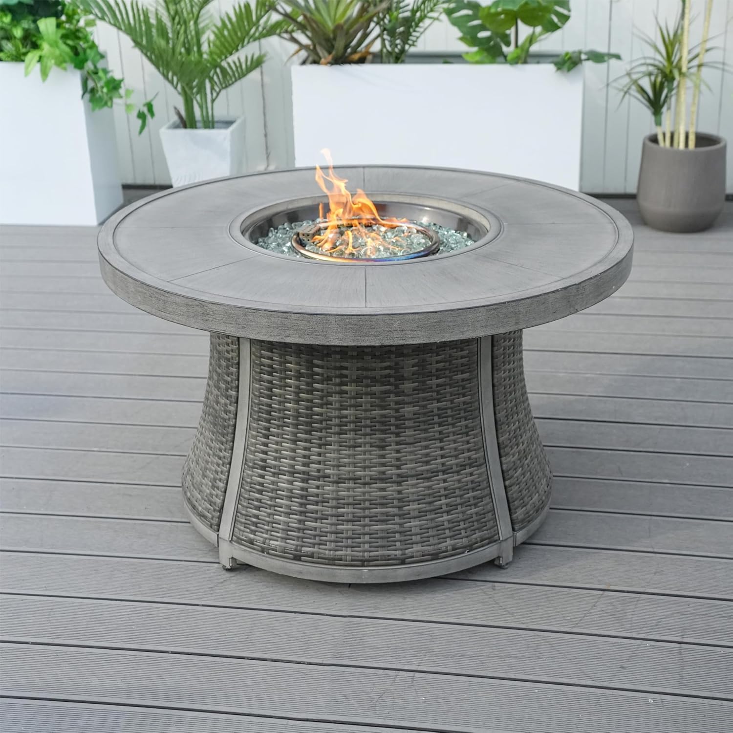 42-Inch Round Gas Fire Pit Table, Aluminum Top with Rattan Base for Outside Patio Backyard Deck Balcony (Grey)