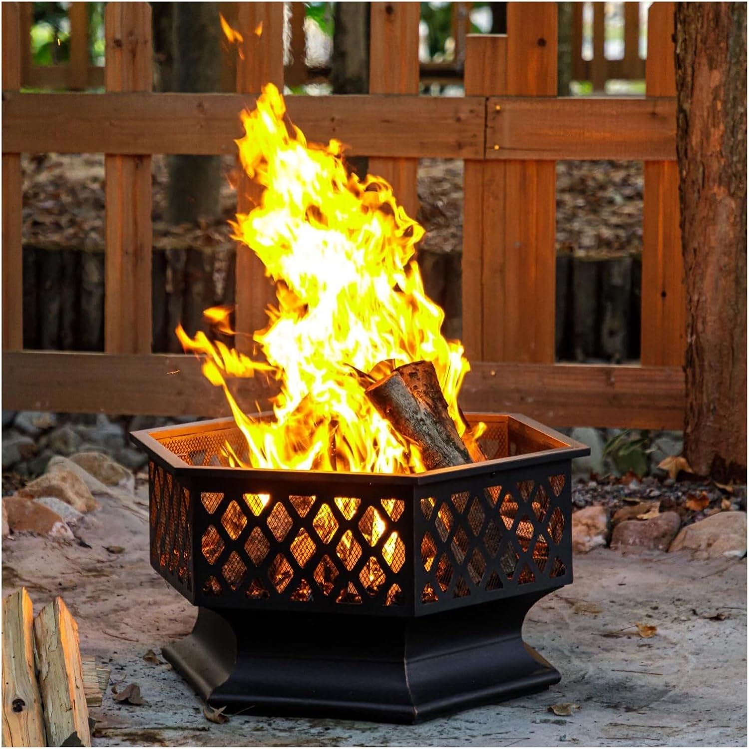 28 Inch Hexagon Wood Burning Fire Pit – Antique Bronze Outdoor Firepit with 360° Flame View for Patio, Backyard, and Camping(33 Inch)