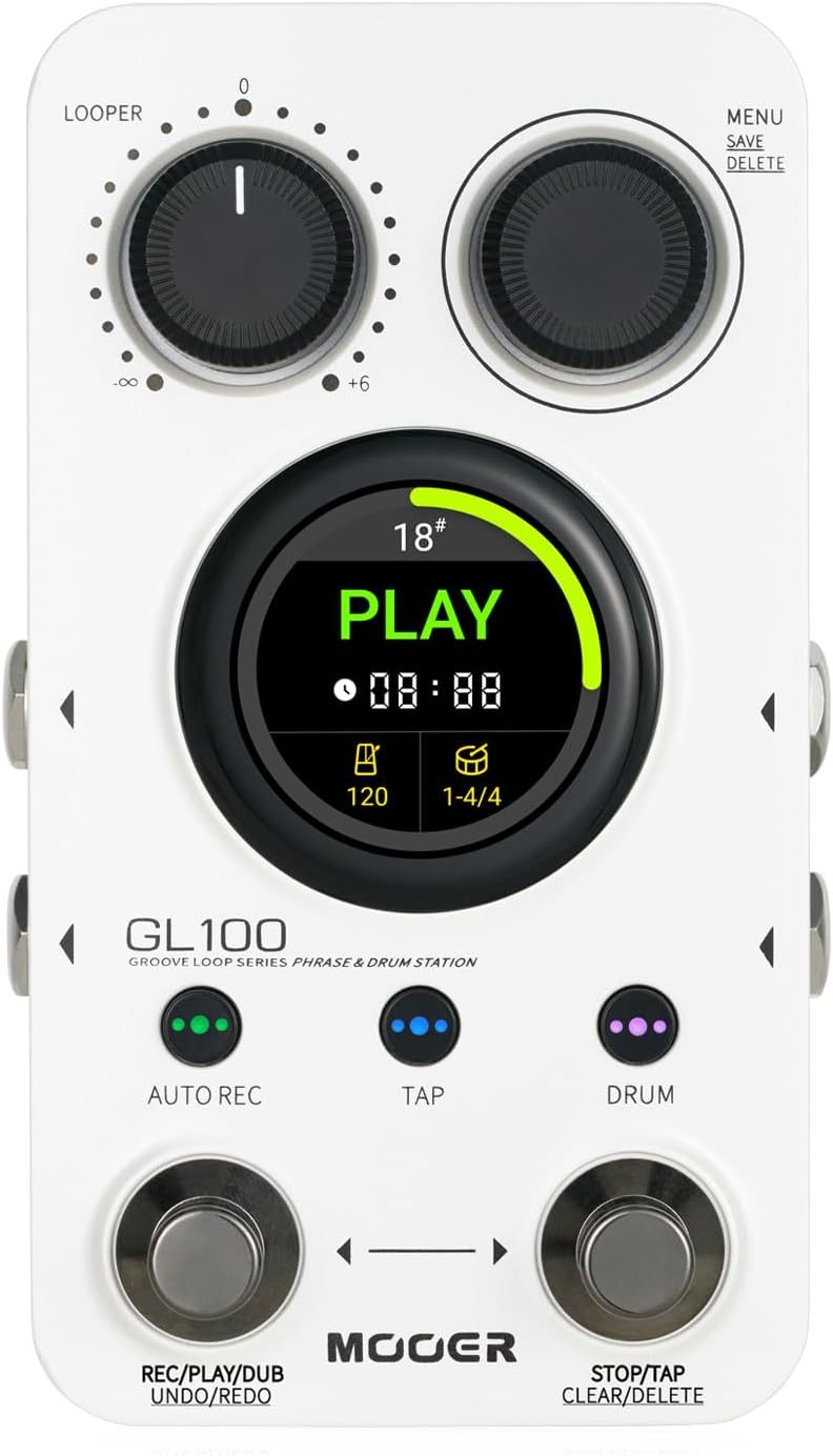 MOOER GL100 Looper Pedal Drum Machine, 2 in 1 Drum Looper Guitar Pedal 1.3-inch Touchsreen 100 Slots with 300 Minutes in Total Auto-record Time Stretch Function Dedicated Editor Software