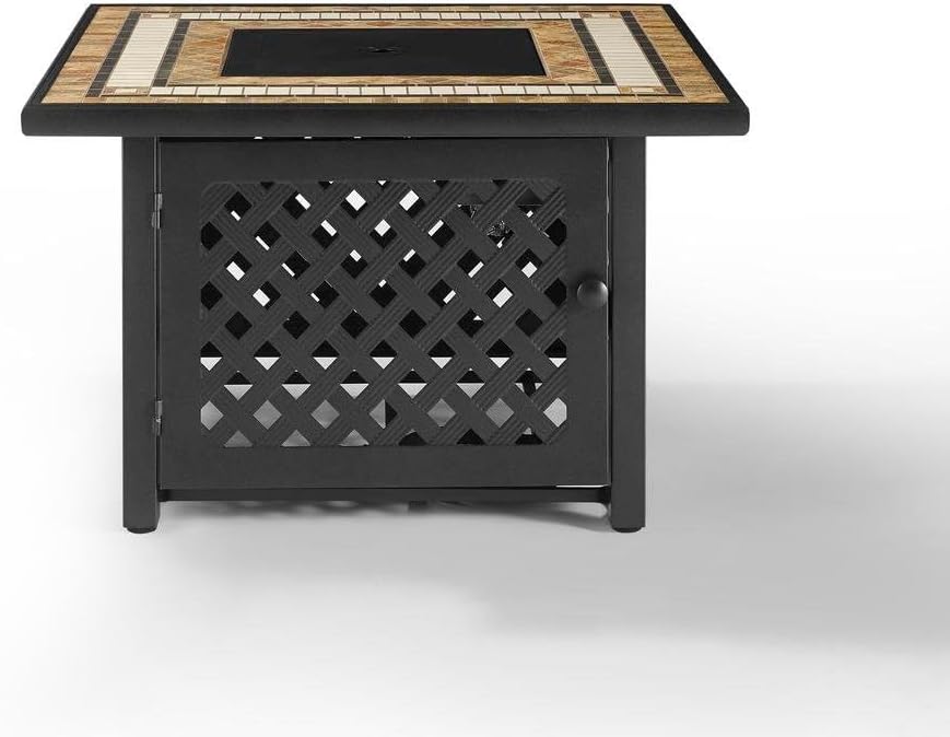Brown Fire Pit Table with Tiled Top, Beads, and Covers – Propane Backyard Fireplace and Patio Furniture with Hidden Tank Storage