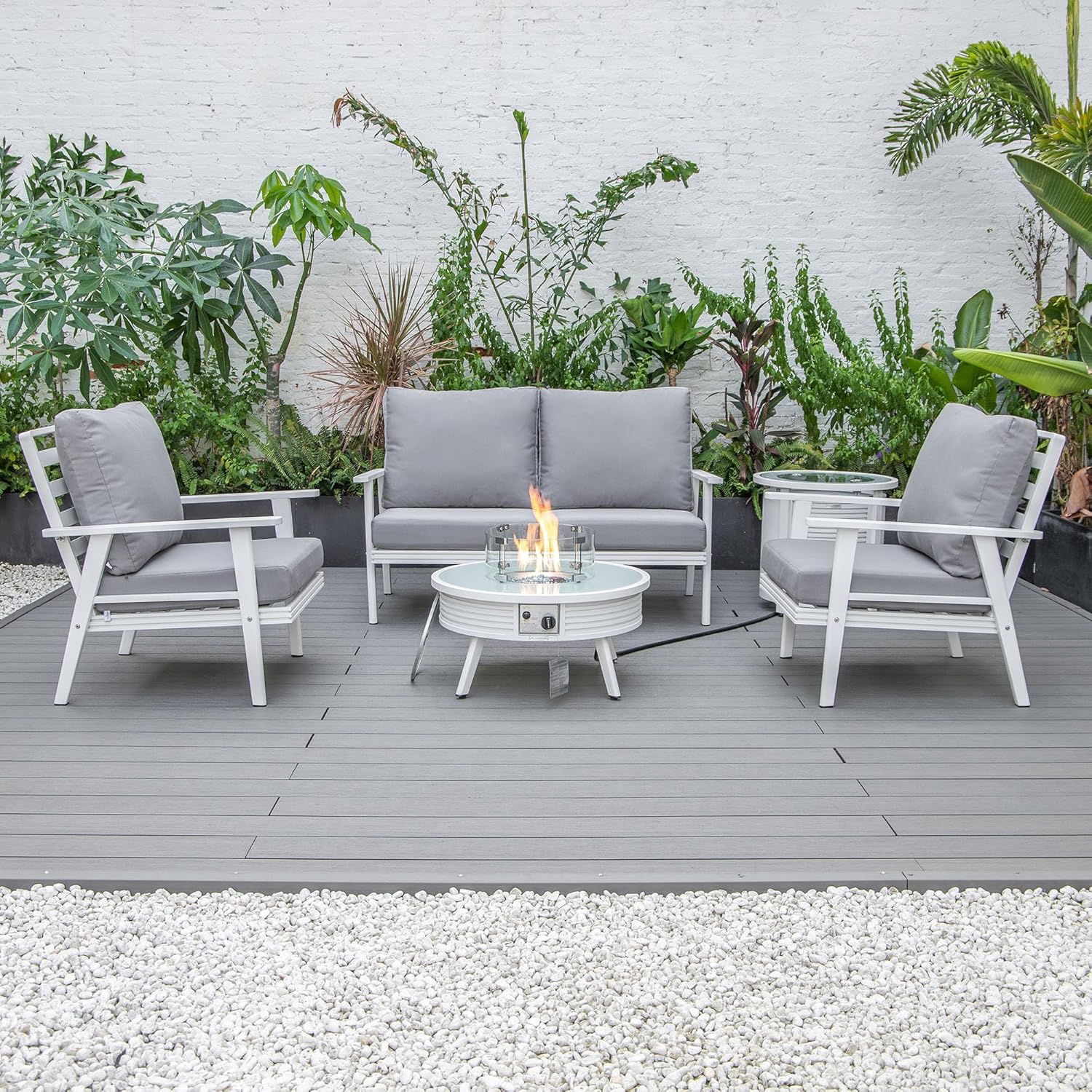 LeisureMod Walbrooke Modern Aluminum 5-Piece Patio Conversation Set with Outdoor Round Fire Pit Slats Design & Side Table Tank Holder, Grey