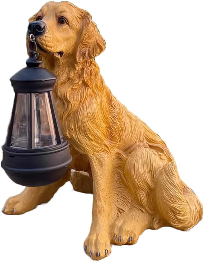 Solar Dog Statues, Realistic Dog Figurine Decor, Farmhouse Dog Statue Decoration, Outdoor Solar Dog Decor, Garden Ornament with Solar Lantern, for Patio Yard,Golden Retriever