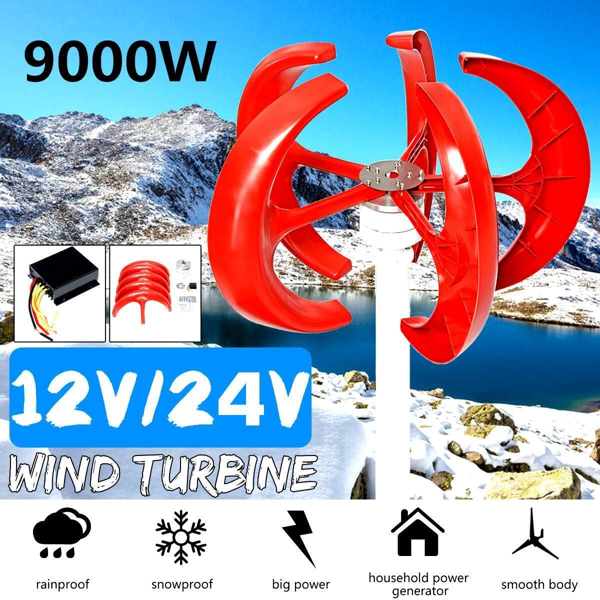 12V 24V 5 Blades Wind Turbine Generator 9000W with Charge Controller for Windmill RV Home Yacht Farm Wind Generator