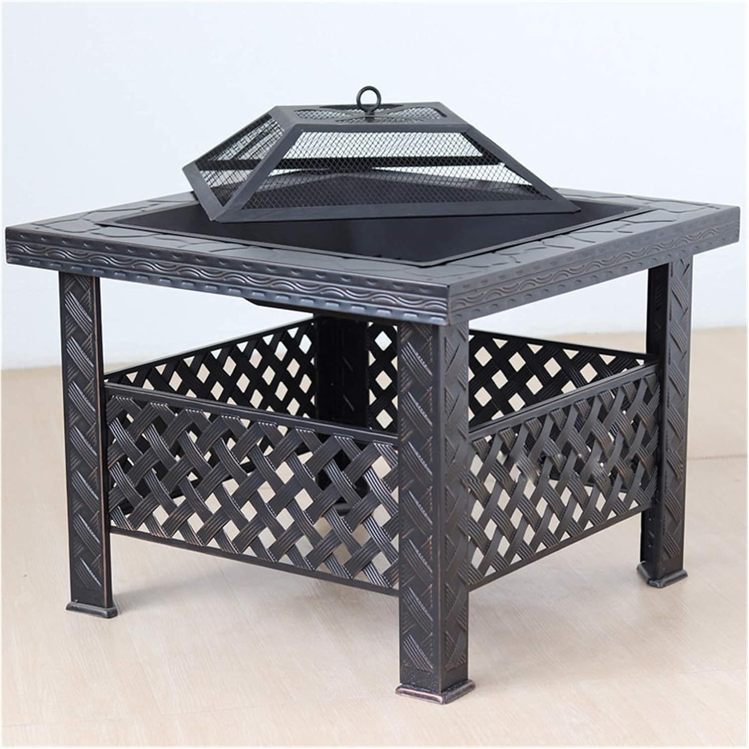 Outdoor Fire Pit Garden Terrace Wood Burning Fire Pit Bowl Square Barbecue Table, Terrace Patio Lawn Backyard Barbecue Party Outdoor Fireplacem
