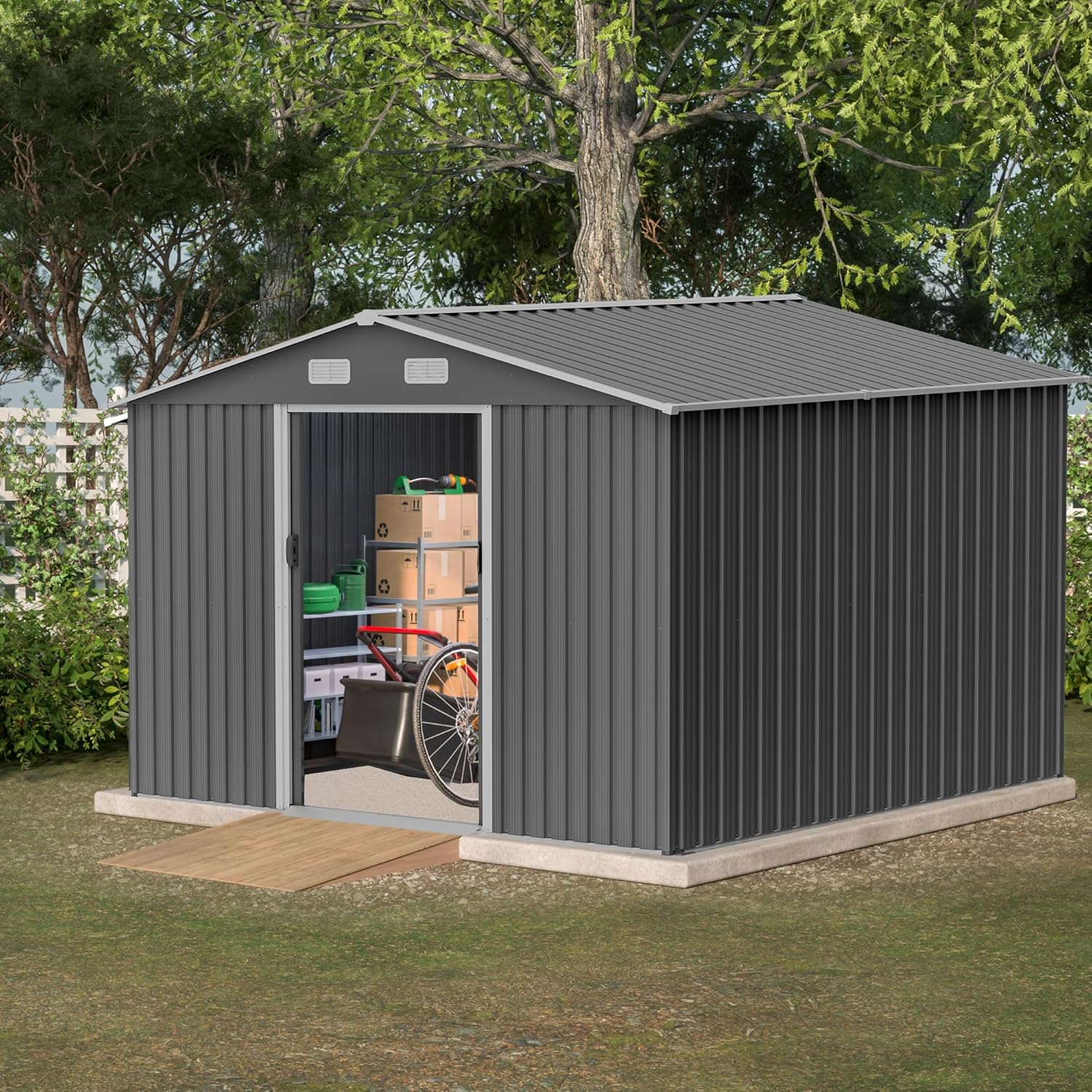 10X8 FT Outdoor Storage Shed W/Lockable Sliding Doors,Metal Shed W/Sloped Roof & Air Vents,All Weather Garden Tool House for Backyard Patio Lawn,Gray