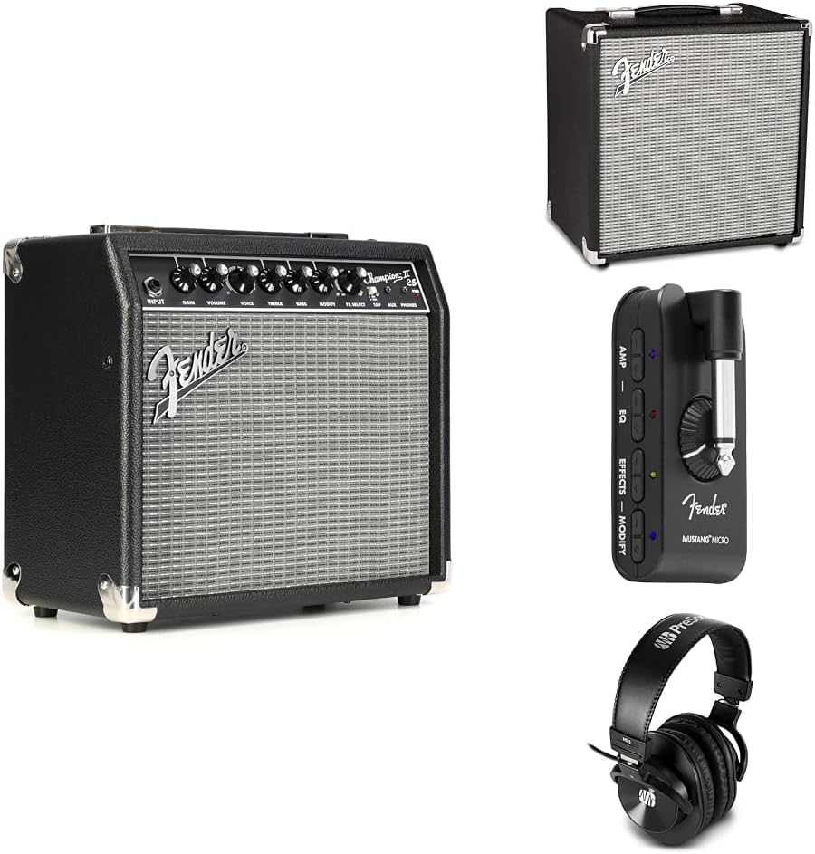 Fender Education Bundle with Champion II 25 Guitar Amplifier, 25 Watts (2X) + Rumble 25 v3 Bass Combo Amp, Black (2X) + Mustang Micro Headphone Amp (6X) + PreSonus HD5 Headphones, Wired (6X)