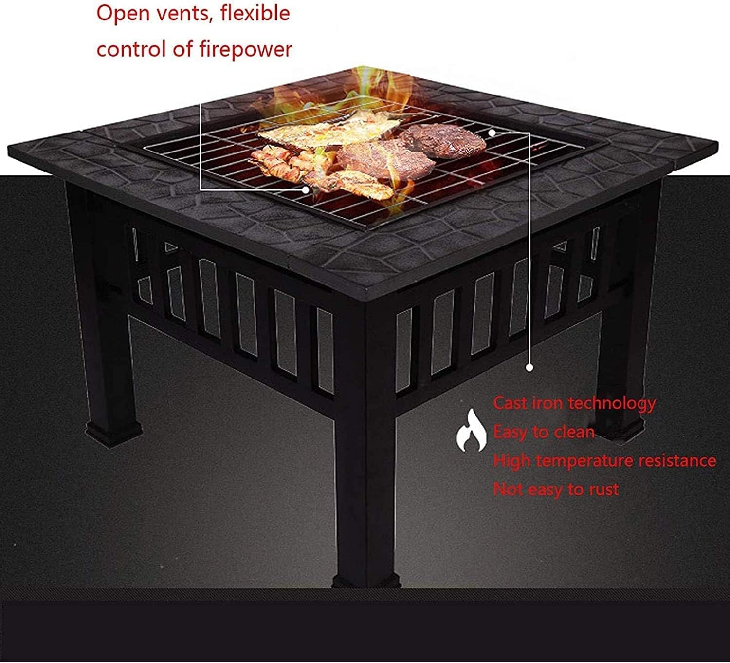 BBQ Grill Outdoor Fire Pits Outdoor Wood Burning Outdoor Fire Pits, Metal Square Firepit Patio Stove BBQ Grill Fire Pit Bowl with Spark Screen Cover,Log Grate, Poker with Cover BBQ Cook
