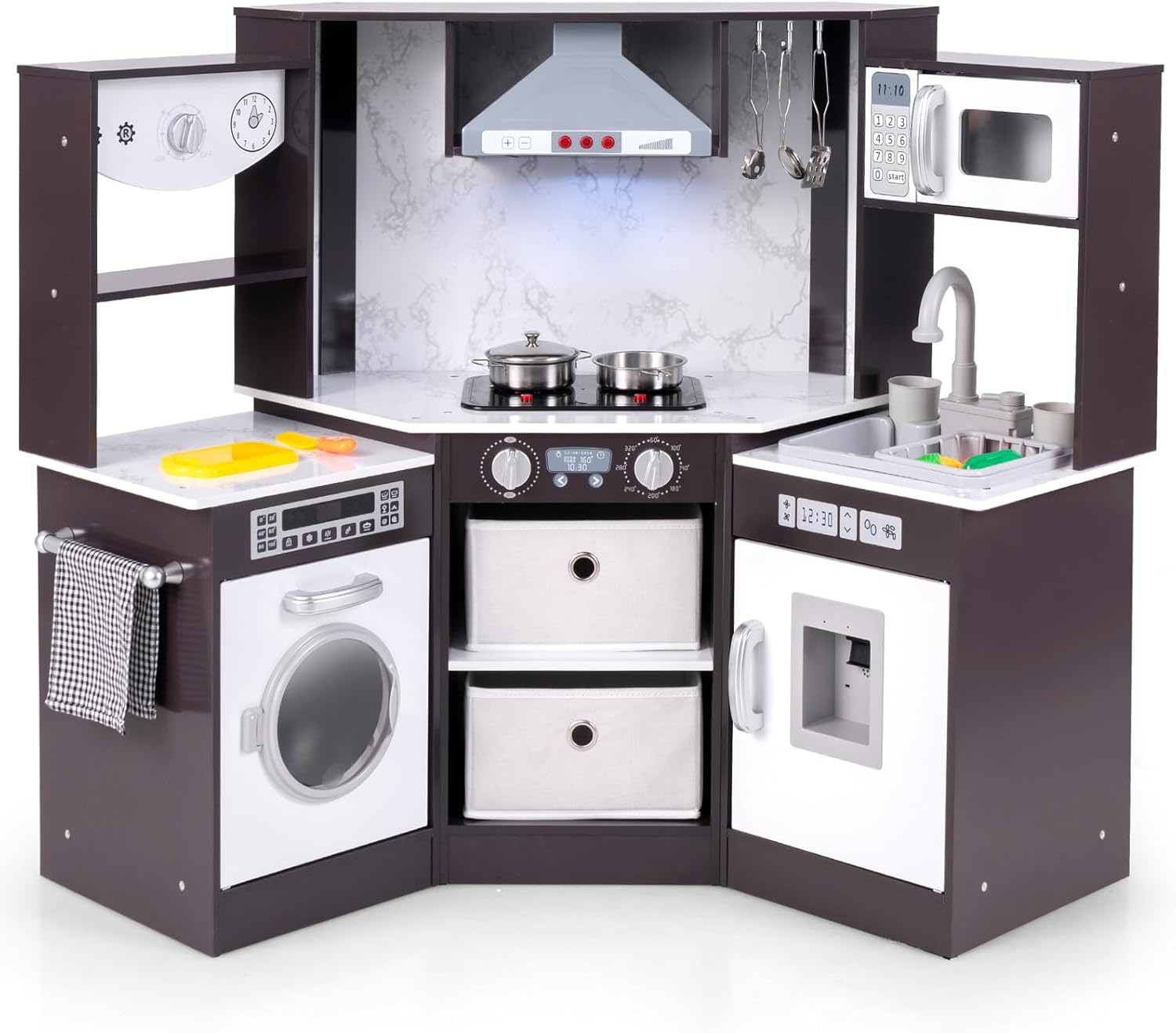 Costzon Corner Play Kitchen, Wooden Toddler Kitchen Playset w/Lights and Sounds, Water Circulation System, Washing Machine,Accessories, Kids Kitchen Playset for Boys,Girls (Brown)