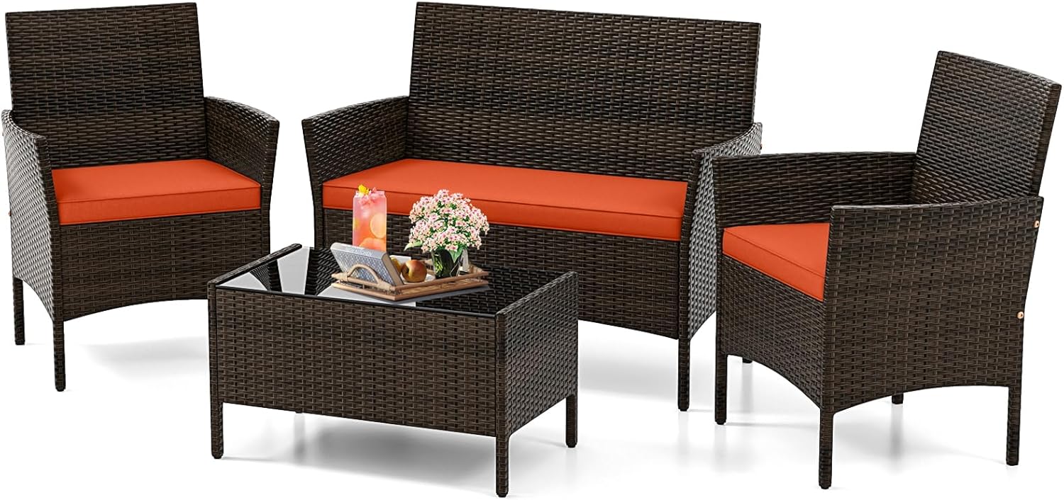 KOTEK 4 Piece Patio Furniture Set, Outdoor Rattan Conversation Set with Loveseat, Wicker Chairs, Tempered Glass Coffee Table, Wicker Patio Set for Backyard, Porch (Orange)