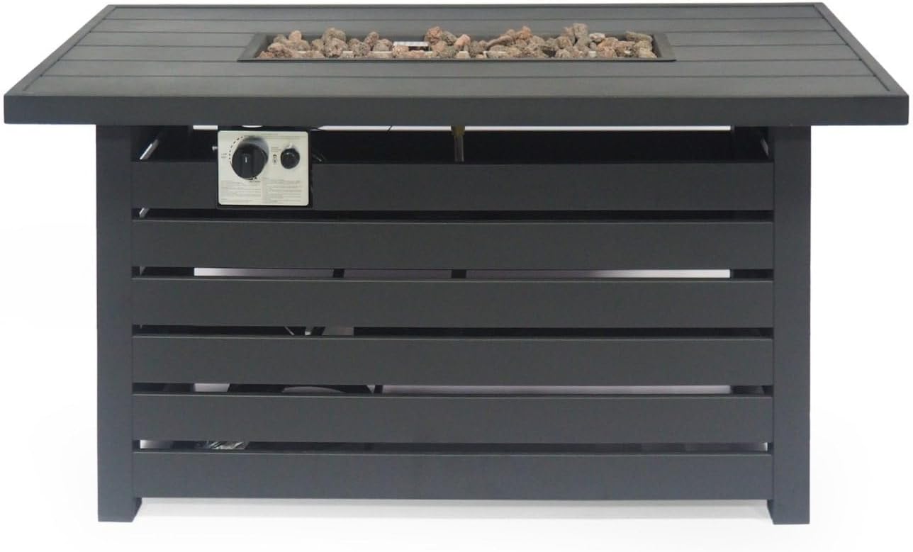 47-Inch Rectangular Outdoor Propane Fire Pit Table with 30,000 BTU Burner - Modern Iron Patio Heater with Hidden Tank Storage and Decorative Stones for Backyard and Garden, Black