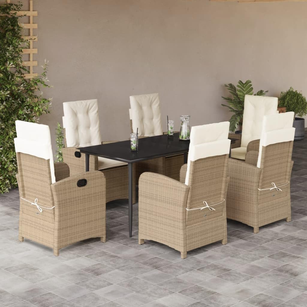 7 Piece Patio Dining Set with Cushions Beige Poly Rattan,Relaxing Reclining Garden Dining Set with Durable Poly Rattan and Tempered Glass Tabletop Furniture Sets for Patio, Lawn & Garden
