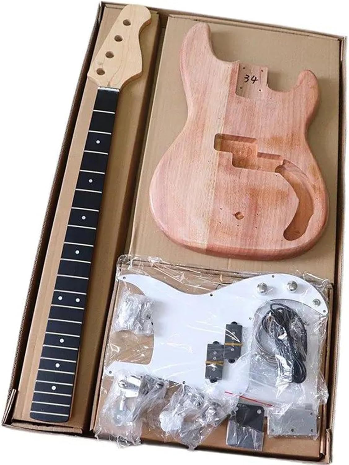 Replacement Guitar Neck Electric Bass Guitar Kit Guitar Neck & Guitar Body 21 Frets Unfinished With All Bass Guitar Parts Tremolo Spring Claw