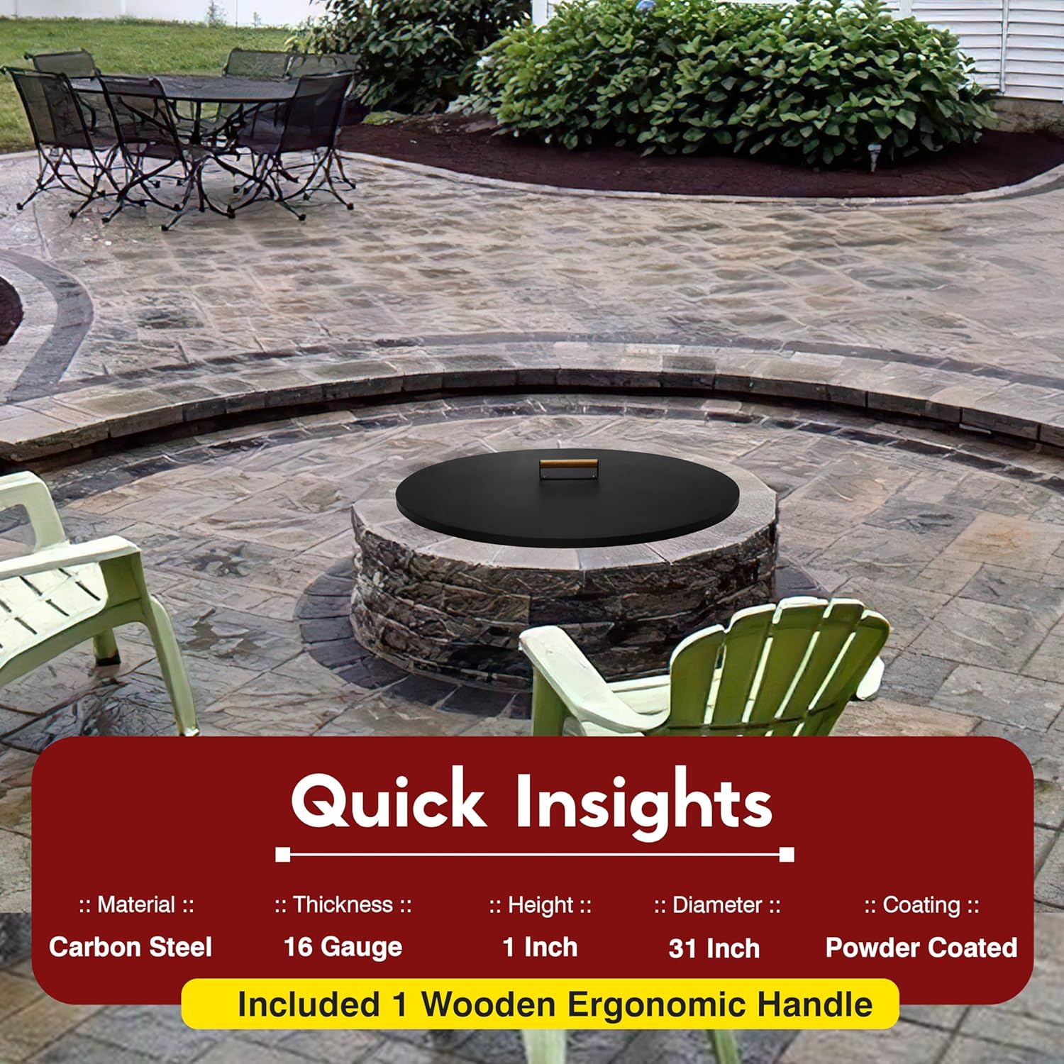 31” Round Fire Pit Lid – Powder Coated Fire Pit Cover Lid Round for Outdoor Fireplace -16 Gauge Steel Flat Fire Pit Burner Pan Cover with Wooden Handle Snuffer Lid for Round Patio FirePit Ring