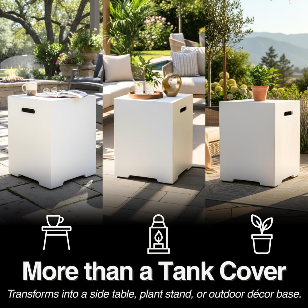 Propane Tank Cover 16 Inch, 20 LB Outdoor Tank Storage Hideaway Table for Gas Fire Pits, Side Table, White