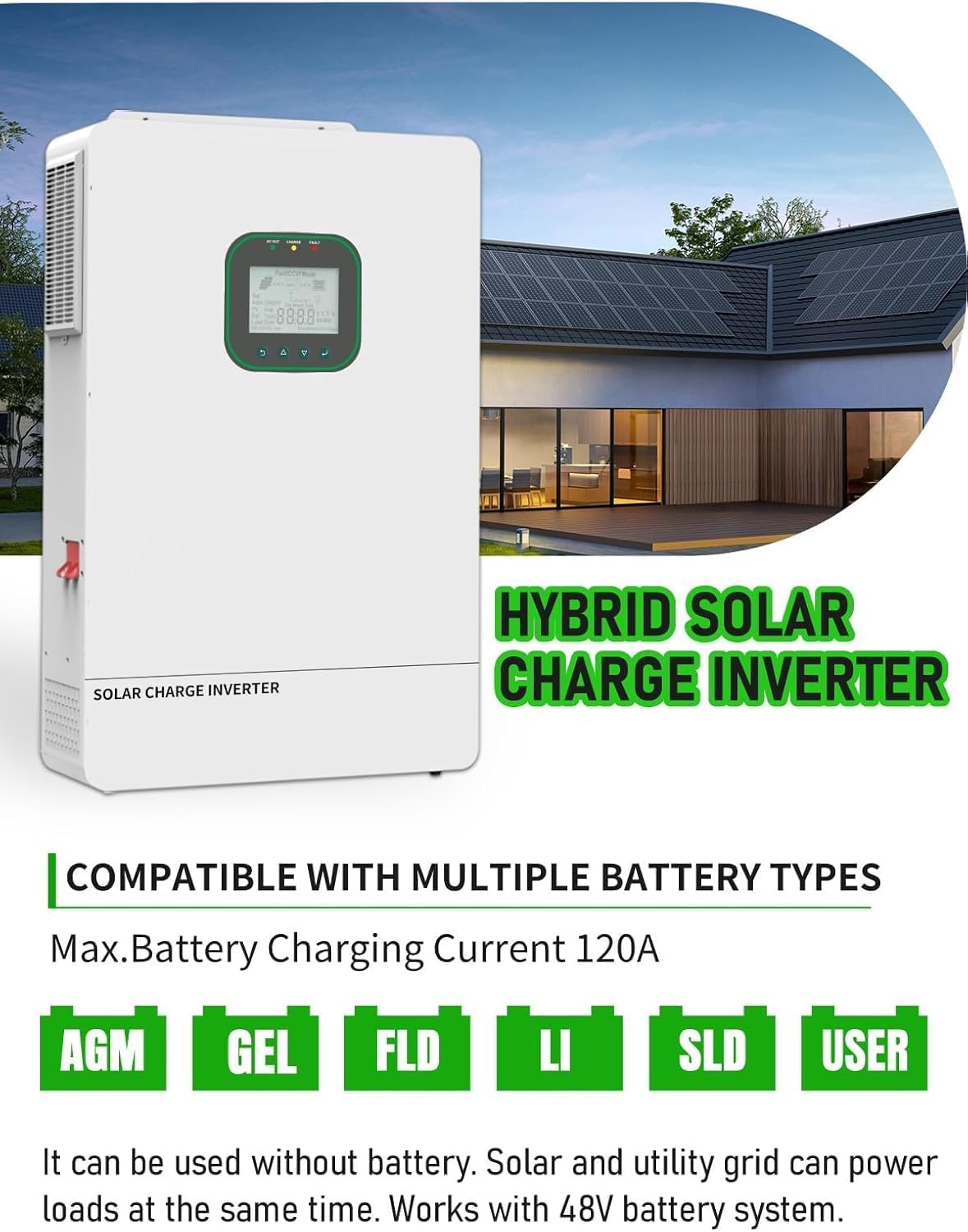All in One 6500W Solar Hybrid Inverter Pure Sine Wave Inverter with Single Phase Split Phase，MAX 6 Parallel, Work with 48V Lead Acid/LiFePO4 for Home, RVs, (6.5KW-WiFi)
