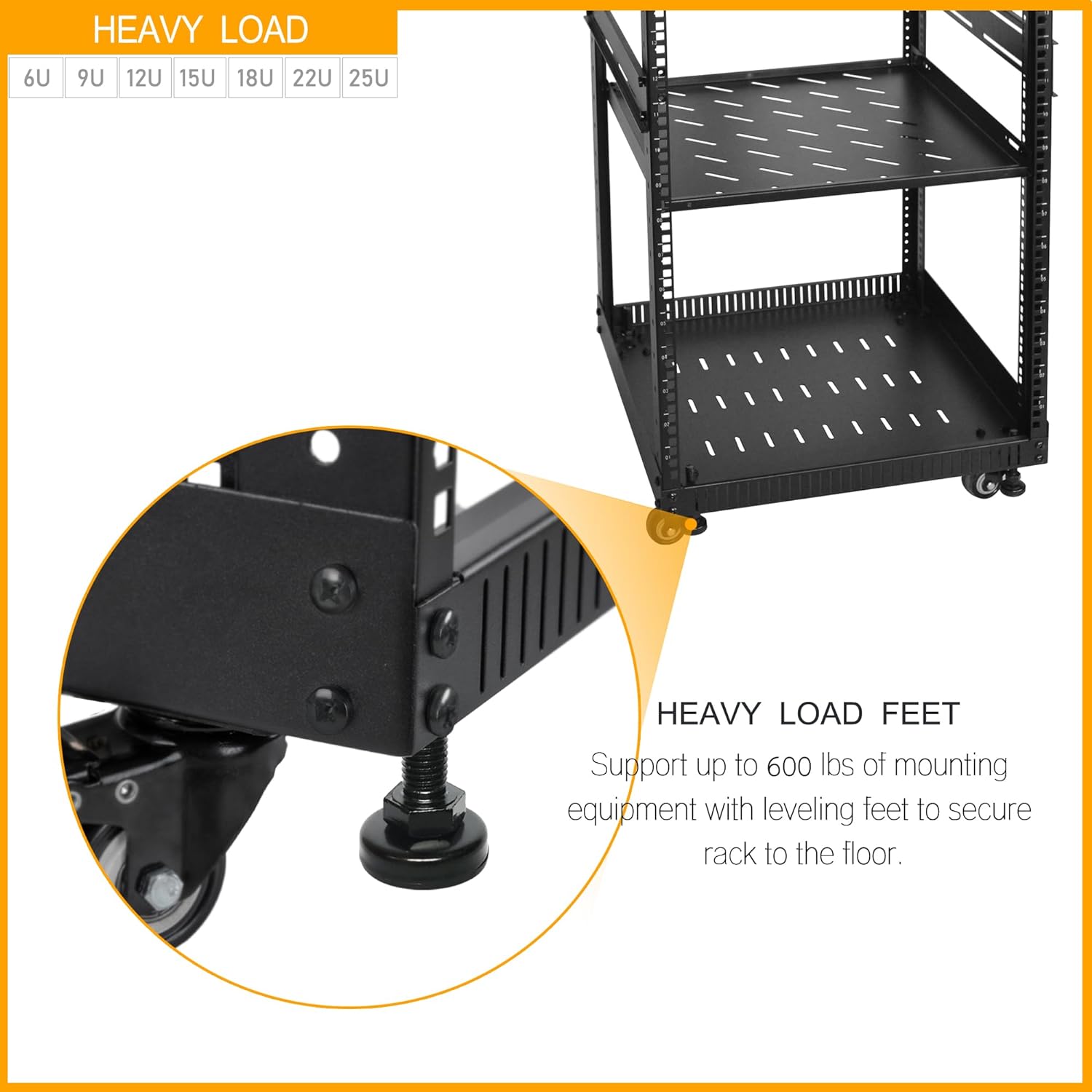 RIVECO 9U Network Rack with Reinforced Top Cover - 4 Post Floor Rack on Wheels for 19