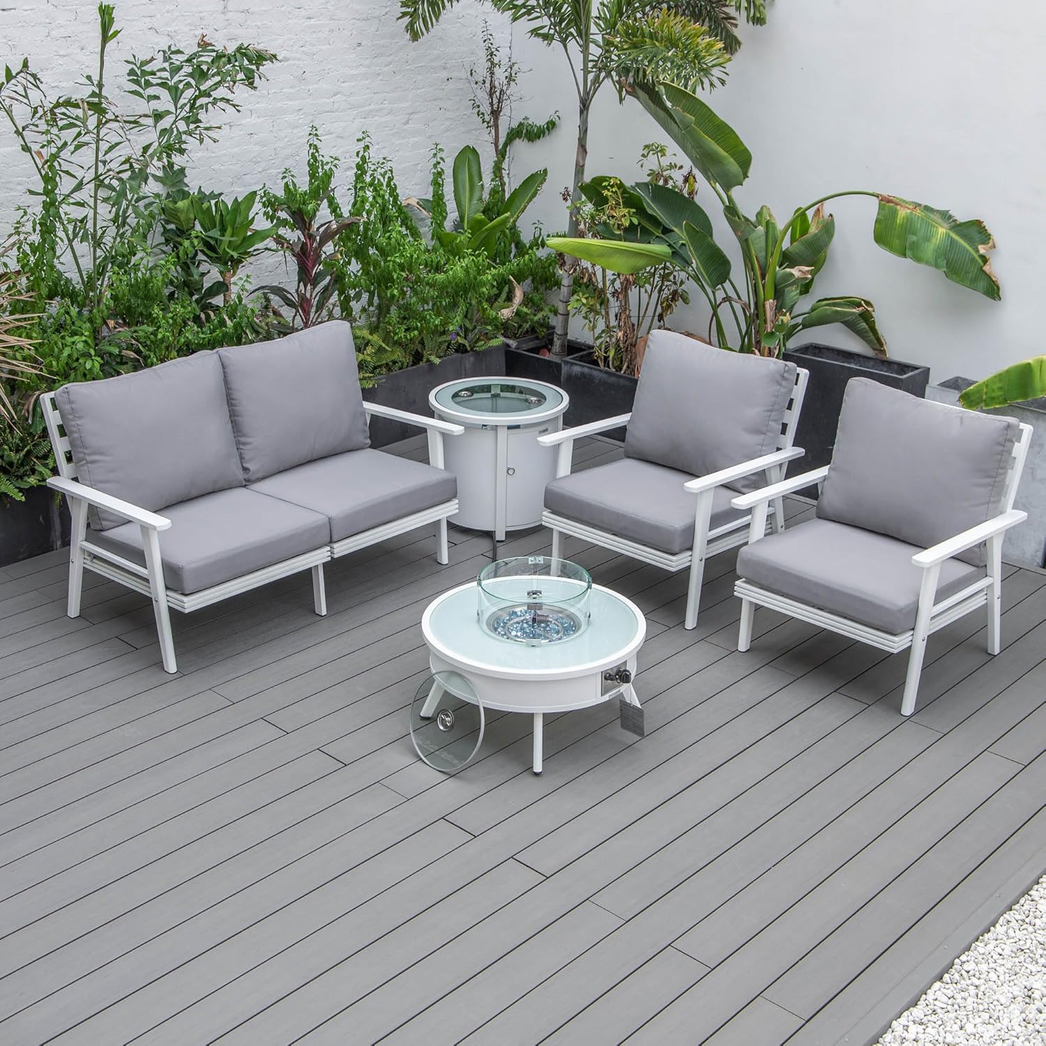 LeisureMod Walbrooke Modern Aluminum 5-Piece Patio Conversation Set with Outdoor Round Firepit Side Table Tank Holder, Grey