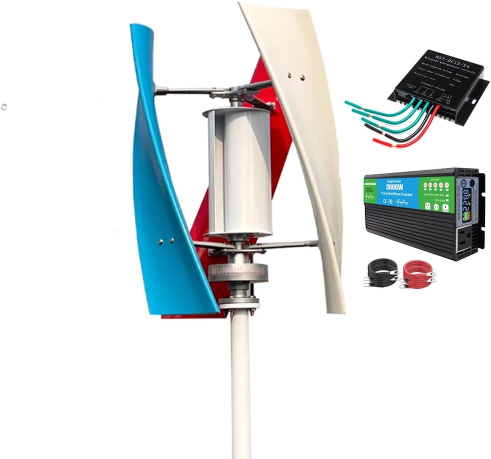 Wind Turbine Three Colored Blades 3000W 12V 24V 48V 220V with Controller and Power Inverter Converter Low Starting Wind Speed 3 Blades Generator Suitable for Outdoor