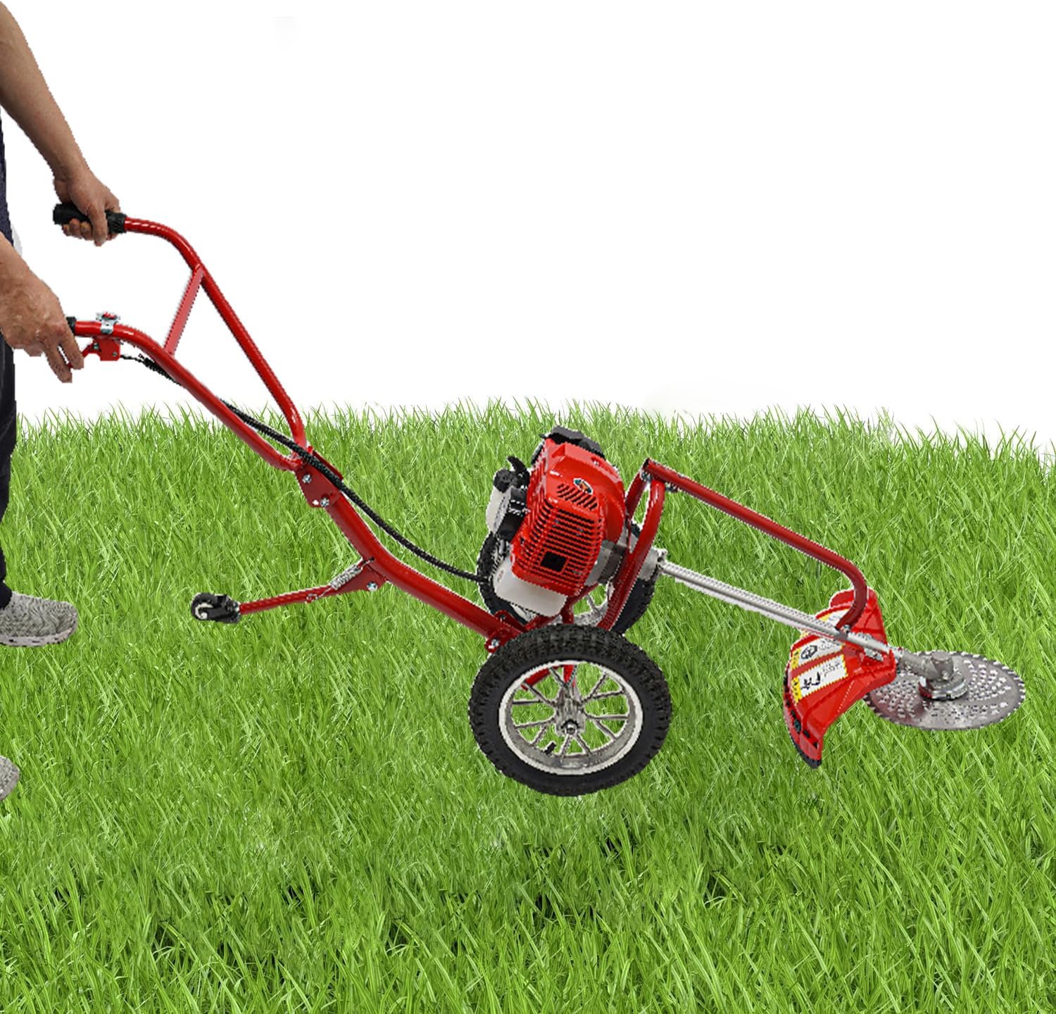 49CC Gas Powered Lawn Mower, 2 Stroke Hand Push Weed Wacker with Wheels, 1.8Kw 7000Rpm Behind Push Grass Trimmer, Brush Cutter for Lawn, Garden, Hills, Plains & Orchards