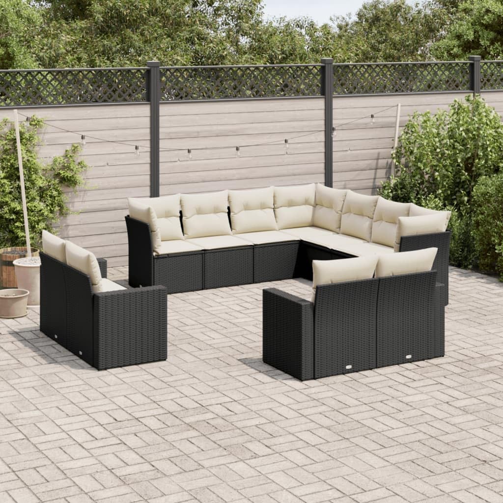 11-Piece Garden Sofa Set, Black Poly Rattan Weave, Cream Cushions, Modular Outdoor Patio Furniture for Balcony, Weather-Resistant Seating, Entertaining Guests