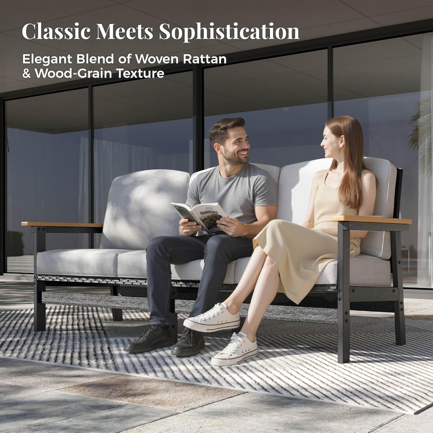 4-Piece HDPE Outdoor Patio Conversation Set, Wicker Patio Conversation Furniture Set with Fire Pit, Patio Sectional Furniture Sets with Thick Cushions for Backyard, Deck, Garden - Black