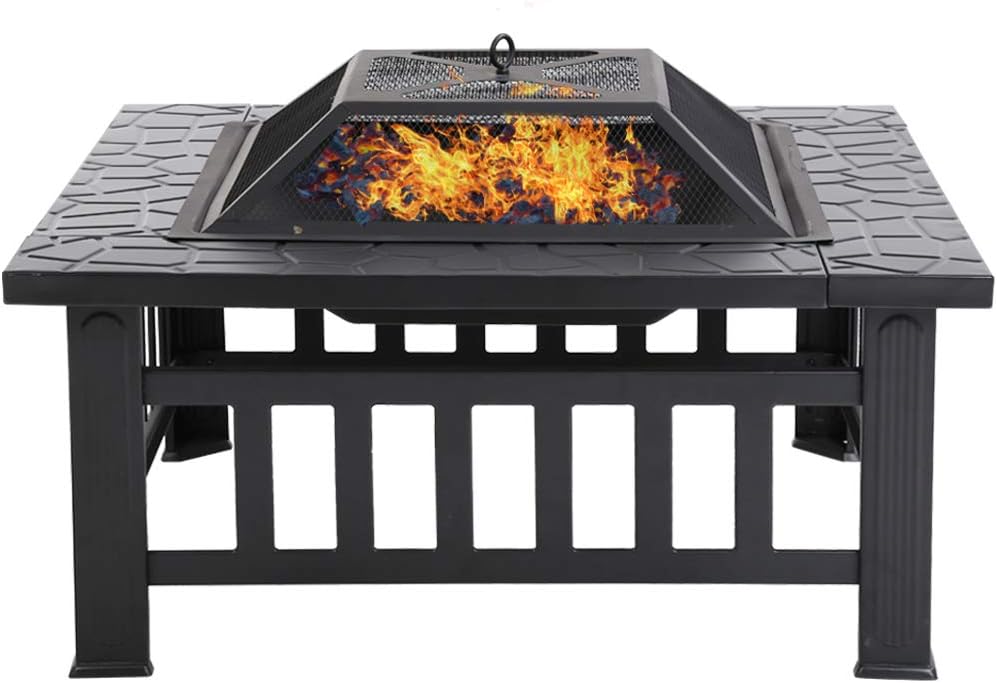 Fire Pit, 32” Outdoor Metal Fire Pit Table with Durable Steel Frame, Poker & Mesh Cover, Wood Burning Square Fireplace Backyard Patio Stove for Camping Picnic Bonfire BBQ, Black