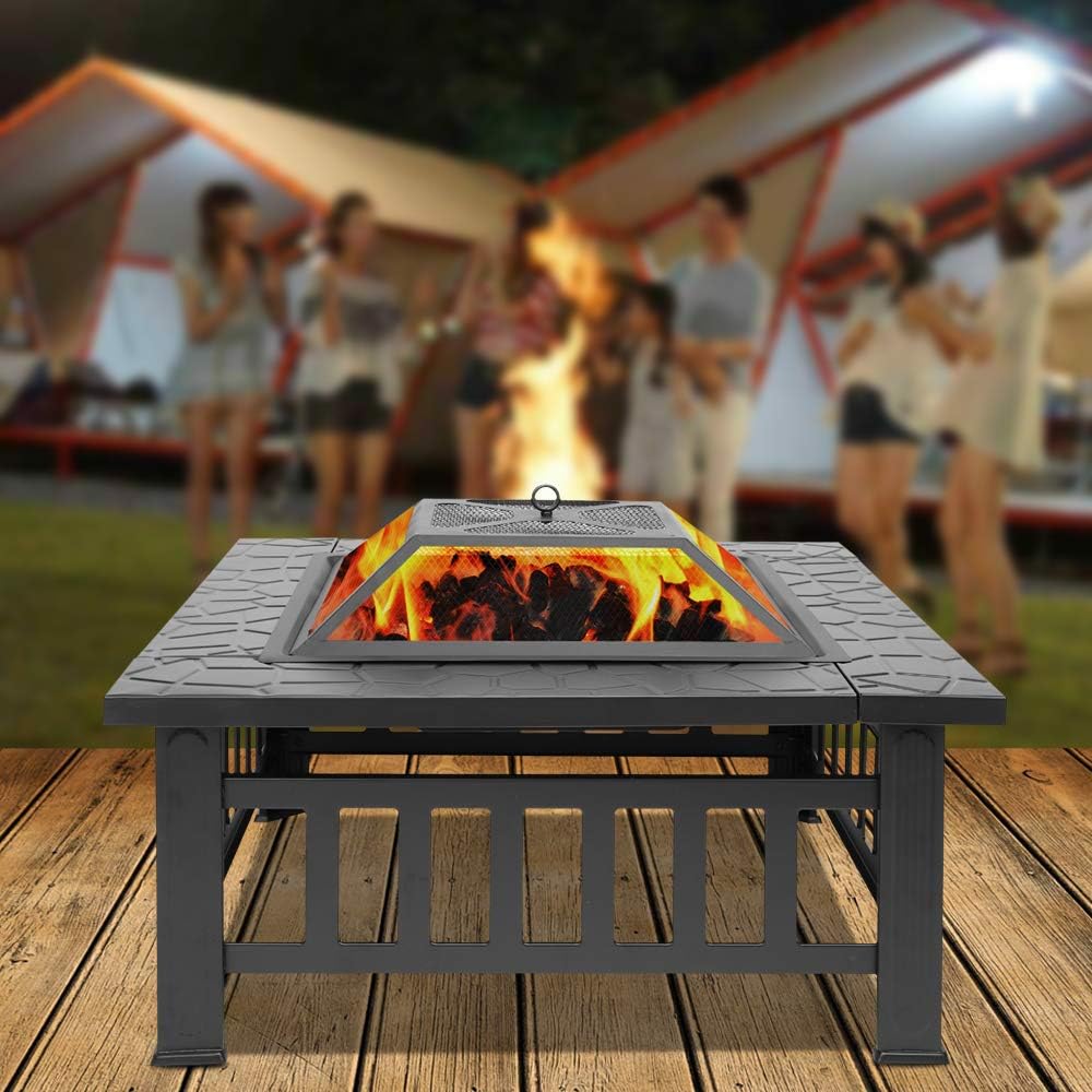 Outdoor Fire Pit Fireplace Portable Firepit Iron Brazier Wood Burning Coal Pit Fire Bowl Stove with Mesh Screen Lid Poker for Camping Patio Garden Backyard Beach Picnic (32