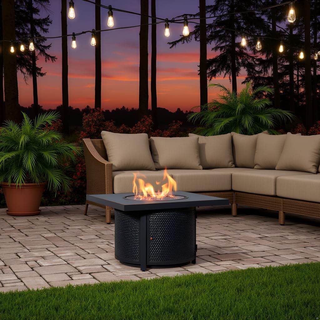 Square LPG/NG Gas Fire Pit Table 55K BTU w/Burner Lid, Cover, Fire Glass #65155