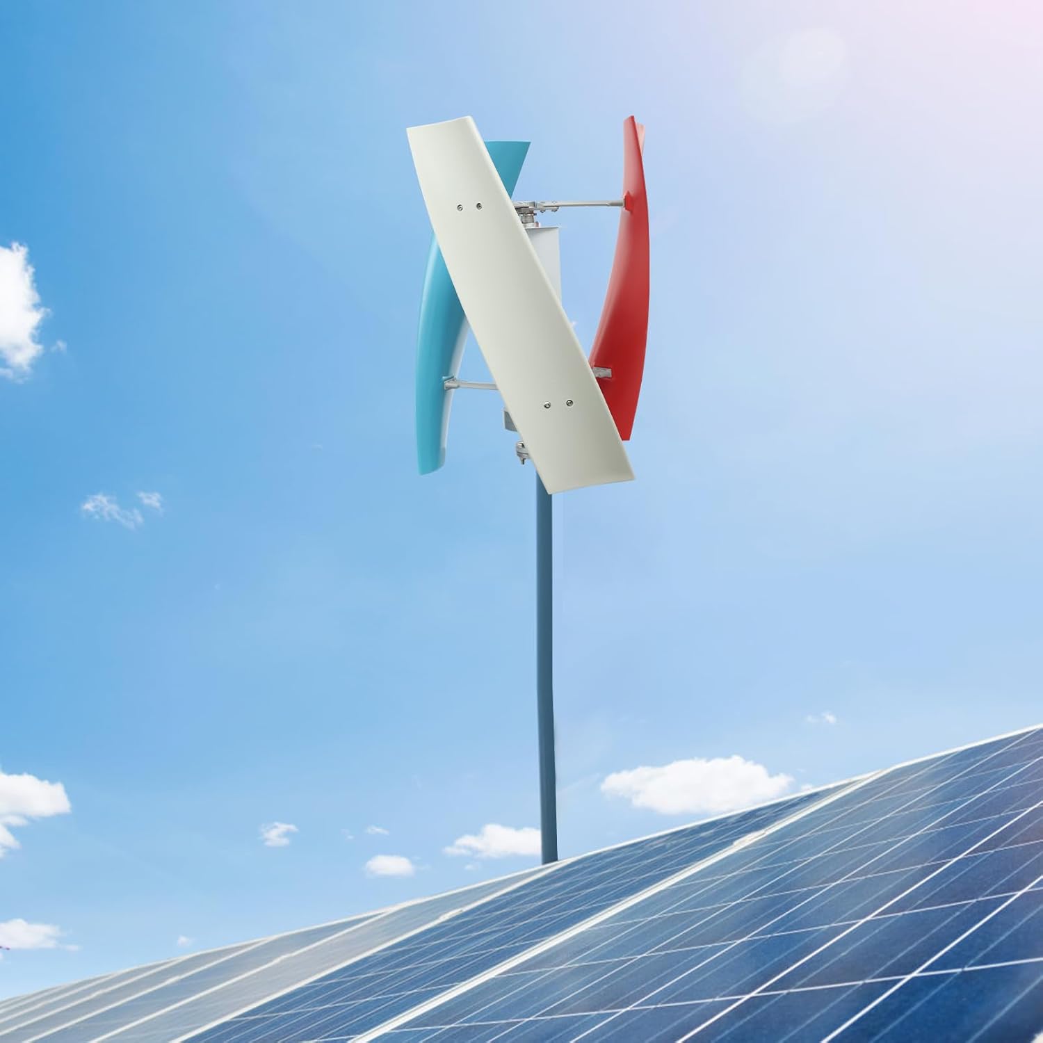 100W Vertical Axis Wind Turbine Generator, Permanent Magnet Generator with Intelligent Controller, Low Noise Helical Design Windmill for Home, Boats, Street Lighting (24V,500w, Blue+White+Red)