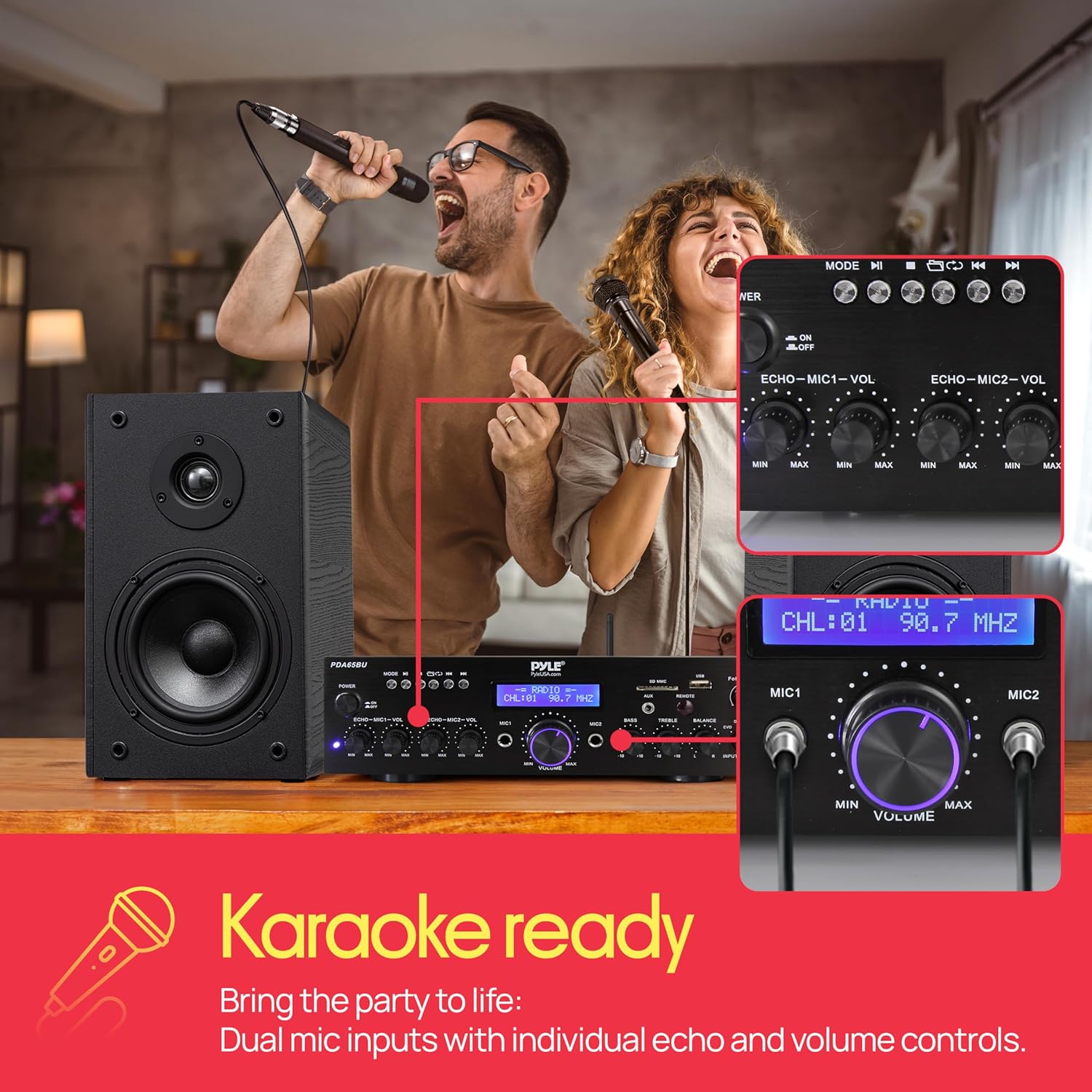 Pyle 200W Wireless Bluetooth Power Amplifier - Dual Channel Stereo Receiver with USB Flash Reader - SD Card - AUX - MIC IN w/ Echo - Radio - Home Theater - Studio Use - RCA Output - PDA65BU