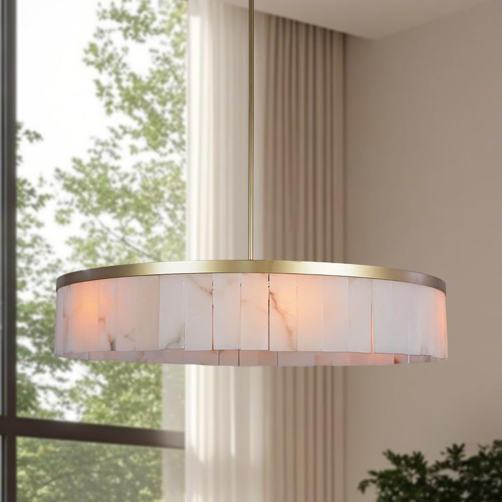 41 Inch Diam Alabaster Round Chandelier, Handmade Natural Stone Ceiling Light, Modren Organic Unique Textures Stone Light Fixture, Hanging Fixture for Kitchen Island, Dining Room, Living Room (Brass)