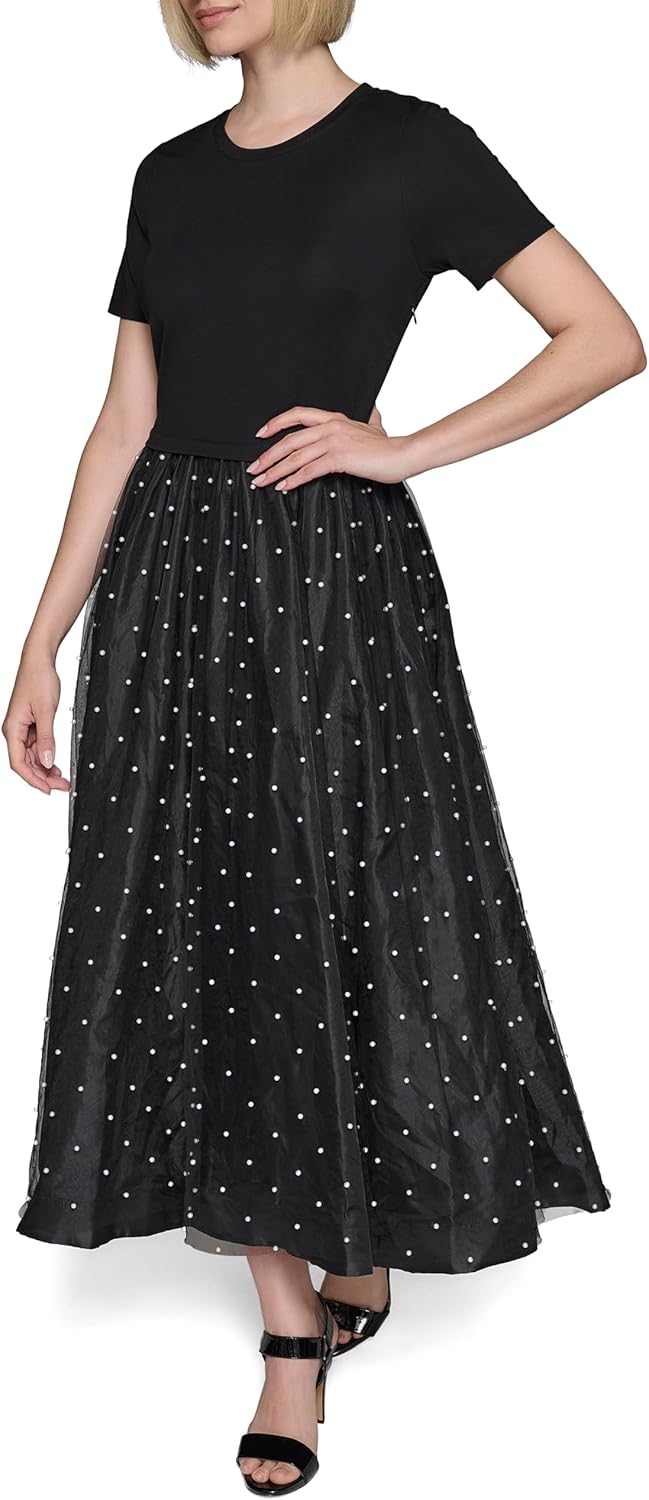 KARL LAGERFELD Womens Pearl Mesh Short Sleeve Round Neck Midi Dress