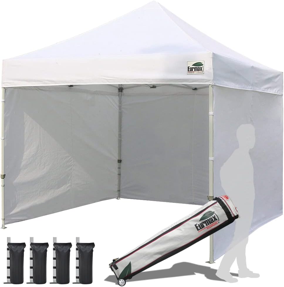Eurmax USA 10'x10' Pop-up Canopy Tent Commercial Instant Canopies with 4 Removable Zipper End Side Walls and Roller Bag, Bonus 4 SandBags(White)