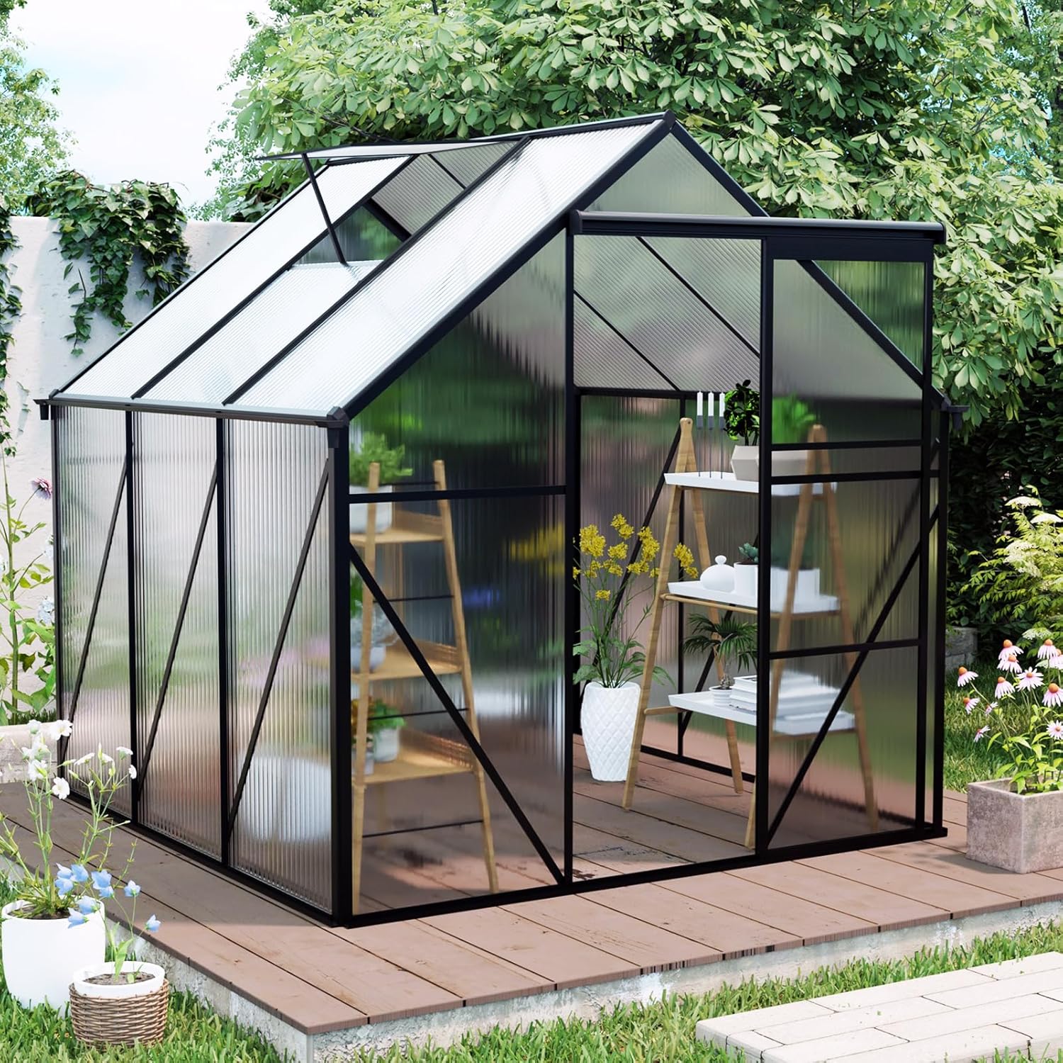 KEIKI 6x6 FT Polycarbonate Greenhouse with Aluminum Frame,Raised Base and Roof Vent,Walk-in Greenhouses for Patio Garden