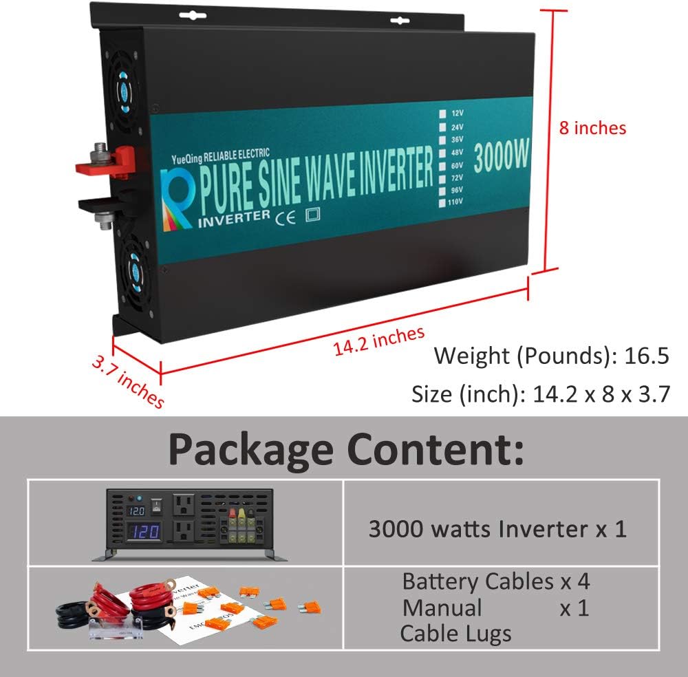 WZRELB RBPRC300012 3000W 12V 110~120V Pure Sine Wave Solar Power Inverter with Remote Control Switch