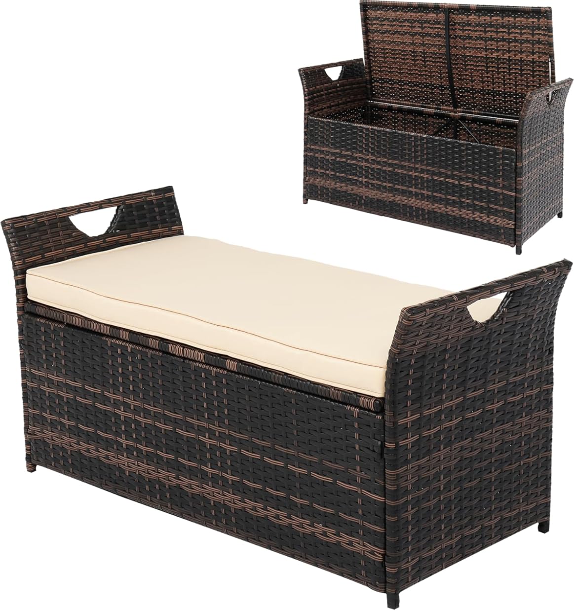 Generic 33Gallon Outdoor Wicker Storage Bench with Air Pressure Rod, Patio Rattan Sofa with Cushion Deck Box L41.7 x W17.7 x H20.5