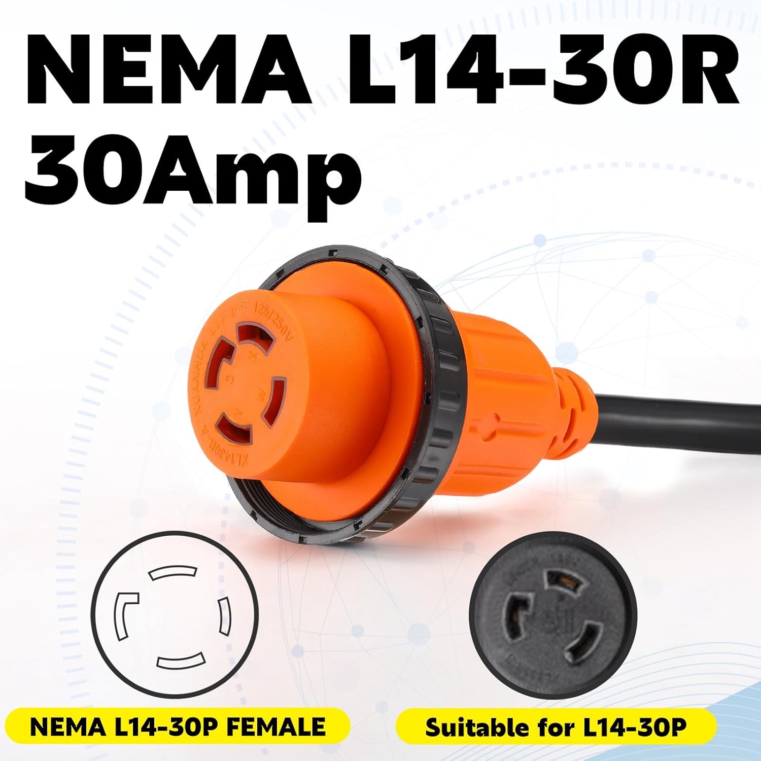 NEMA L5-30P to L14-30R Generator Transfer Switch Adapter Cord, 30 Amp Locking L5-30P Male to L14-30R Female Locking Ring Generator to House Inlet Box Adapter, STW 10 AWG, ETL Listed (25ft)
