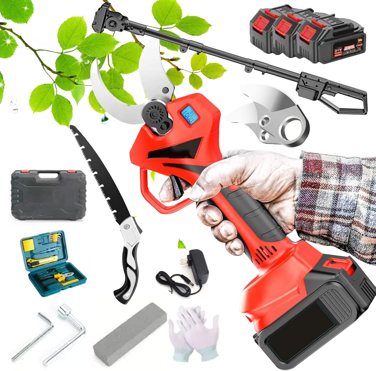 Professional Cordless Pruner Electric Pruning Shears Extension Pole, 3 Rechargeable Battery, Heavy Duty 50mm Tree Pruners for Gardening Rechargeable Outdoor Branch Cutter Cordles