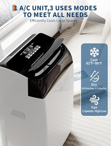 12,000 BTU Portable Air Conditioner, Cools Up to 550 Sq. Ft, 3-In-1 Room Air Conditioner With Drainage-Free, 48db Quiet Operation, Remote Control, 24Hrs Timer, Easy Install Kit for Home