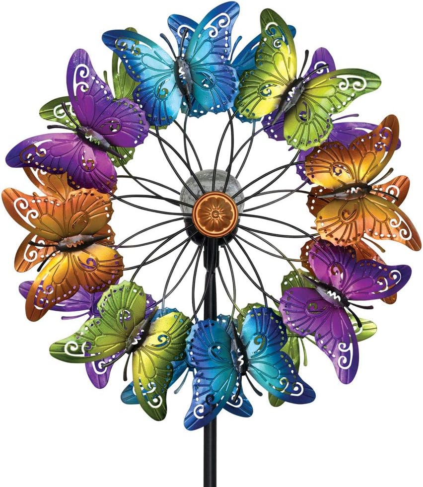 Bits and Pieces - LED Butterfly Solar Wind Spinner-Solar Powered Glass Ball Emits Color-Changing Light - Made of Metal and Steel