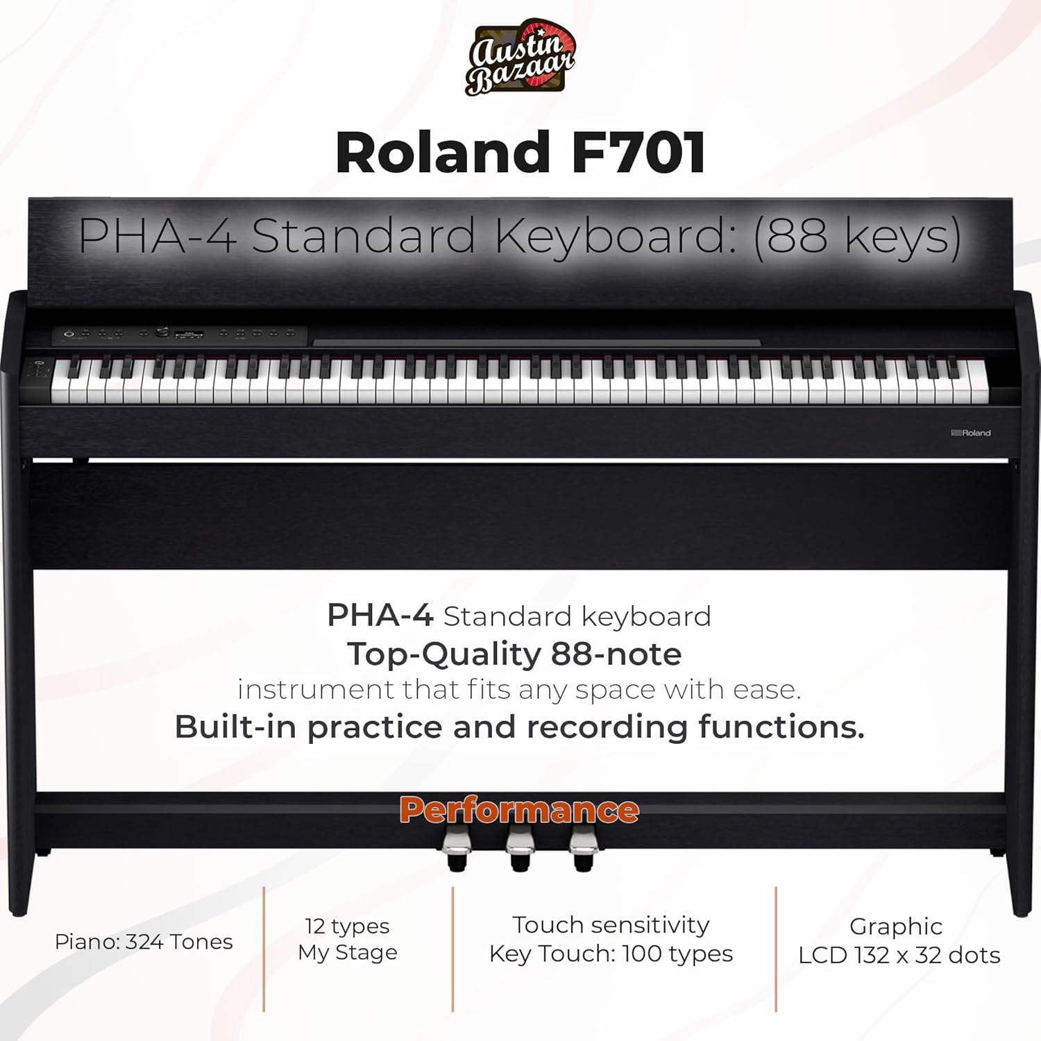 Roland F701 Digital Pianos - Contemporary Black Bundle with Headphones, Instructional Book, Online Piano Lessons, Austin Bazaar Piano DVD, and Polishing Cloth