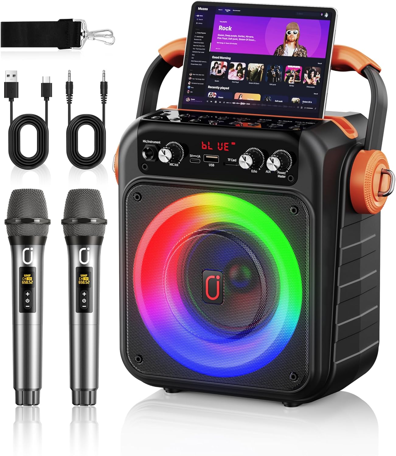 Karaoke Machine with 2 Wireless Microphones: HWWR Portable Karaoke Bluetooth 5.3 Light Speaker, PA System Home Party with Subwoofer, Disco Lights, Supports TV/REC/FM/AUX/USB/TF for Gifts Adult Kids