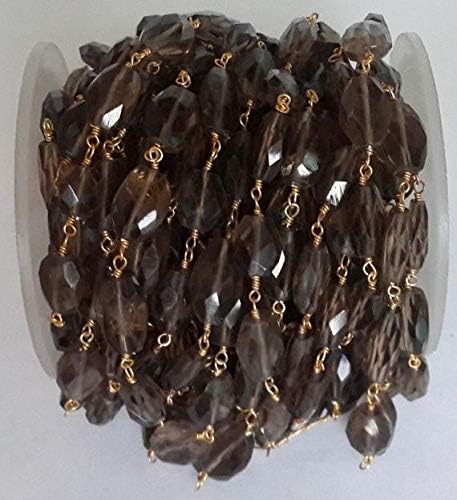 JEWELZ 5 feet natural smoky quartz faceted oval beaded chain - 24k gold plated wire wrapped chain - faceted rosary beaded chain 3-4mm