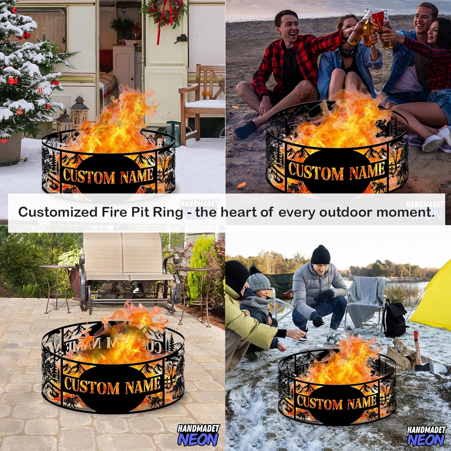 Personalized Fire Pit Ring 360 Degree, Outdoor Fireplace, Custom Text Fire Pits for Outside, Patio Firepit, Camping Bonfire Firepits, Garden BBQ Backyard Decor (Deer)