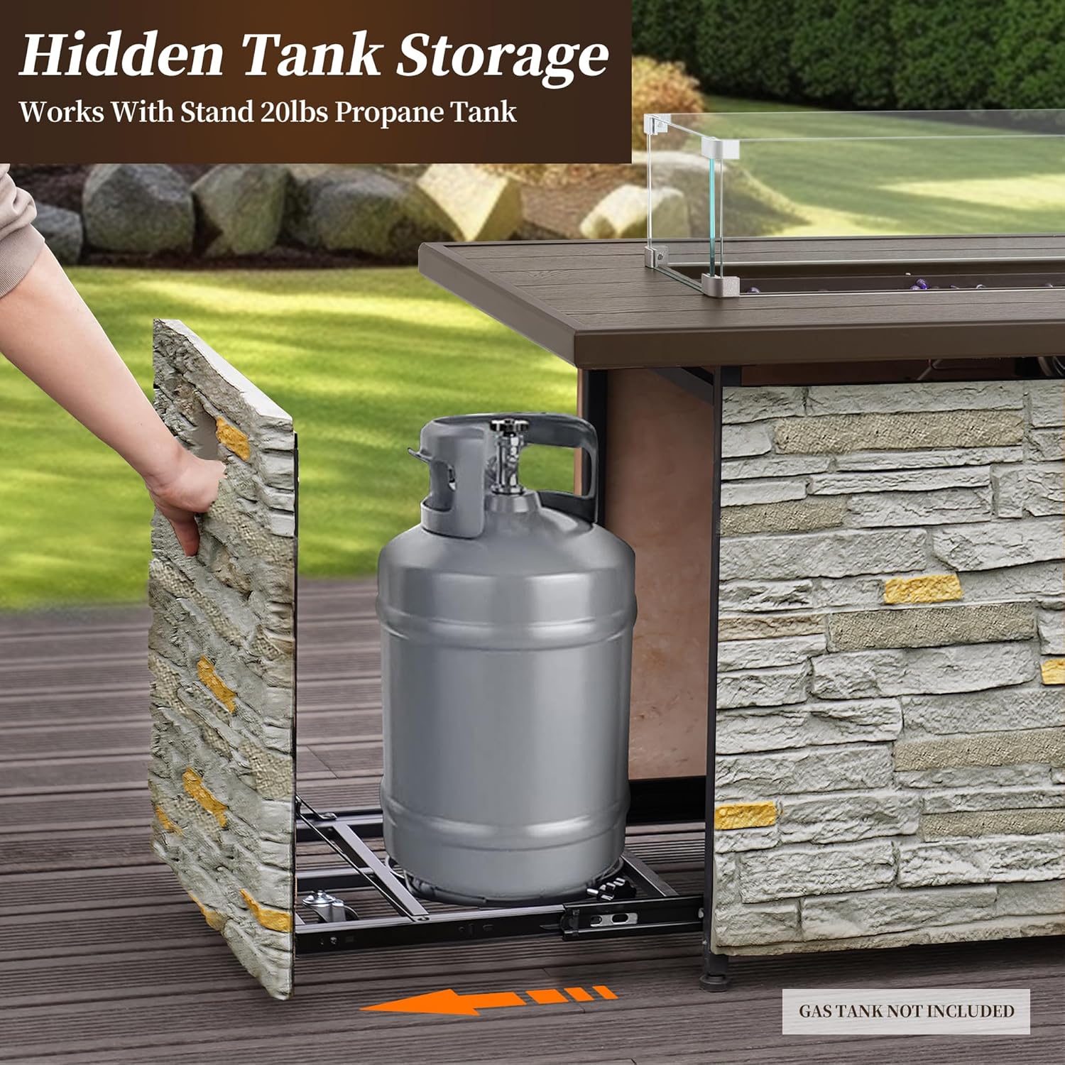 PIZZELLO 43 Inch Propane Fire Pit Table Outdoor Stone Firepit Table Rectangular 50000 BTU Propane Fire Tables for Outside Patio with Wind Guard, Table Lid, Fire Beads, Cover,Pizzello Caldo (Gray)