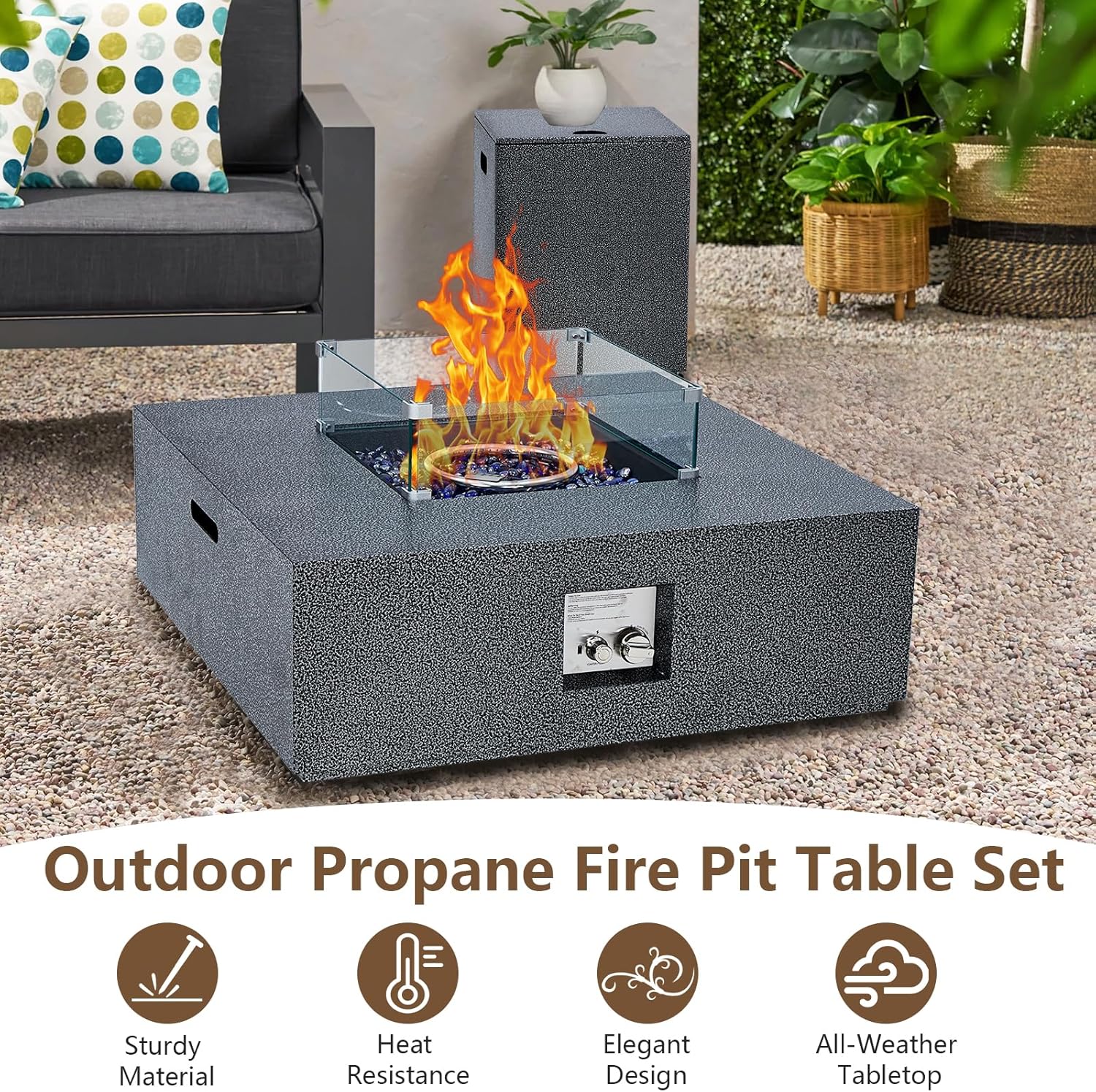 50000 BTU Square Propane Fire Pit Table - 36In Steel Outdoor Gas Firepit Coffee Table w/ 16 Tank Base, Removable Lid, Transparent Wind Guard, Blue Glass Rocks & Rain Cover for Patio, Backyard, Garden