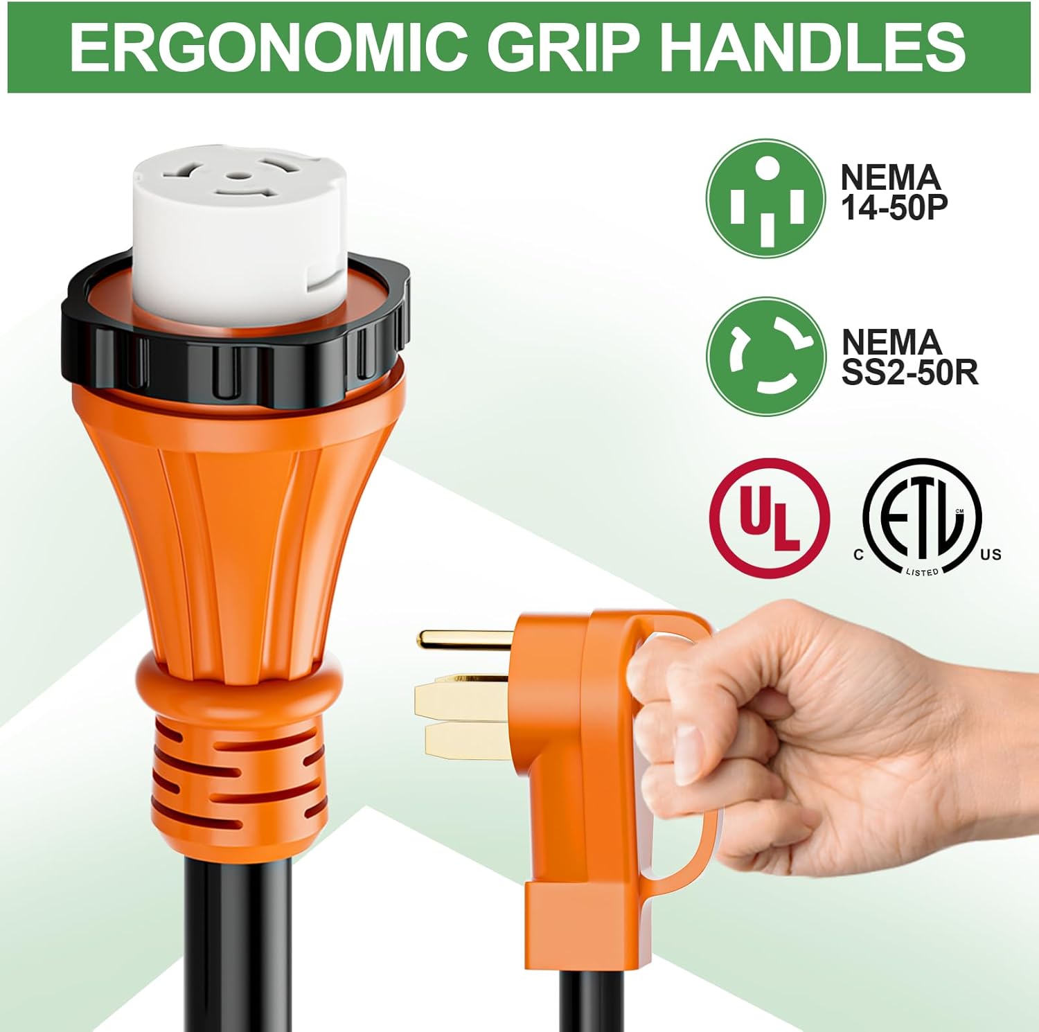 50 Amp Generator Extension Cord 25 Ft- Rated for 250V /12500W+50 Amp Generator Inlet Box with Green Safety Light